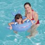 Mädchen mit Mutter im Pool mit blauem Bestway Schwimmring im Tierdesign.