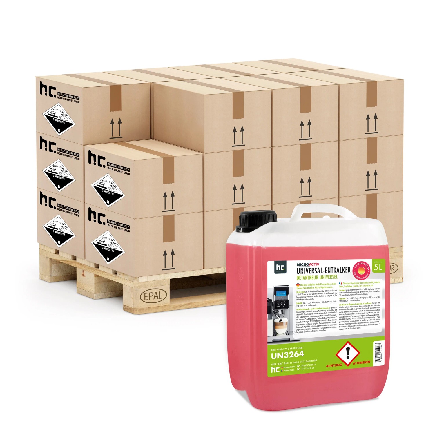 Microactiv Universal Entkalker 2x5l Kanister vor Kartons auf Palette. Reinigungsmittel für Kaffeemaschinen.
