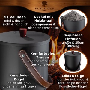 Schwarzer Ascheeimer mit Deckel und Kunstledergriff, 5 Liter, für Kamin und Grill.