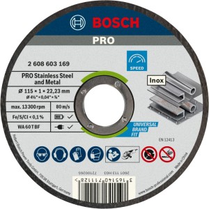 Bosch PRO Trennscheibe für Edelstahl, Ø 115 mm x 1 mm, mit blauer Beschriftung für Winkelschleifer.