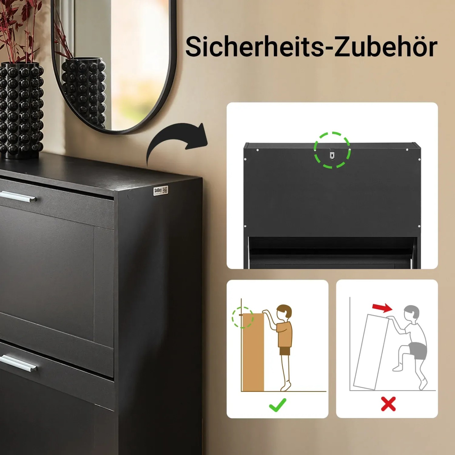 Schwarzer SoBuy Schuhschrank mit Kippfunktion und Wandbefestigung für mehr Sicherheit.