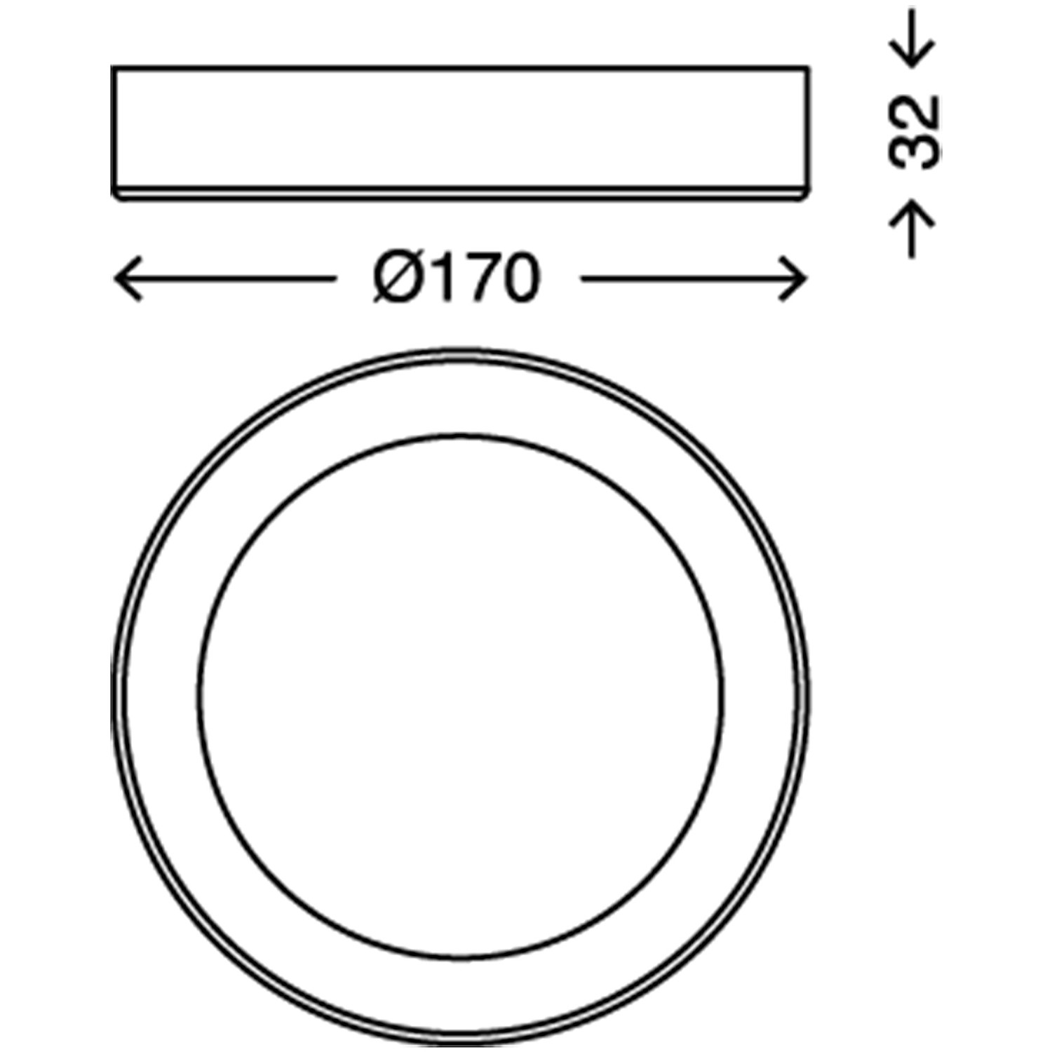 Technische Zeichnung der runden, weißen Briloner LED Decken- & Wandlampe Fire, Ø 17 cm.