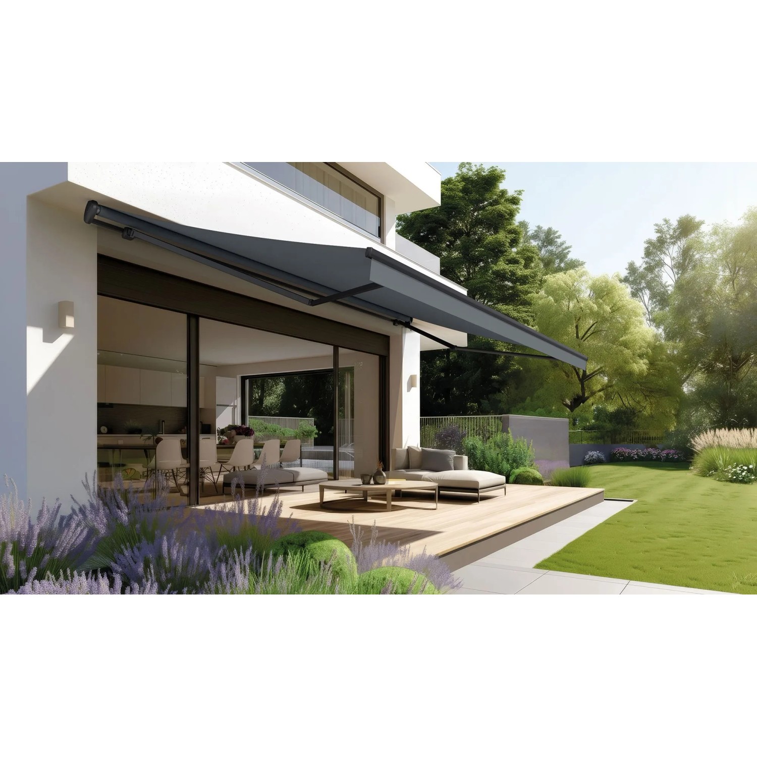 Anthrazitfarbene Gelenkarmmarkise Ebro (3x2 m) am Haus mit Terrasse und Garten.