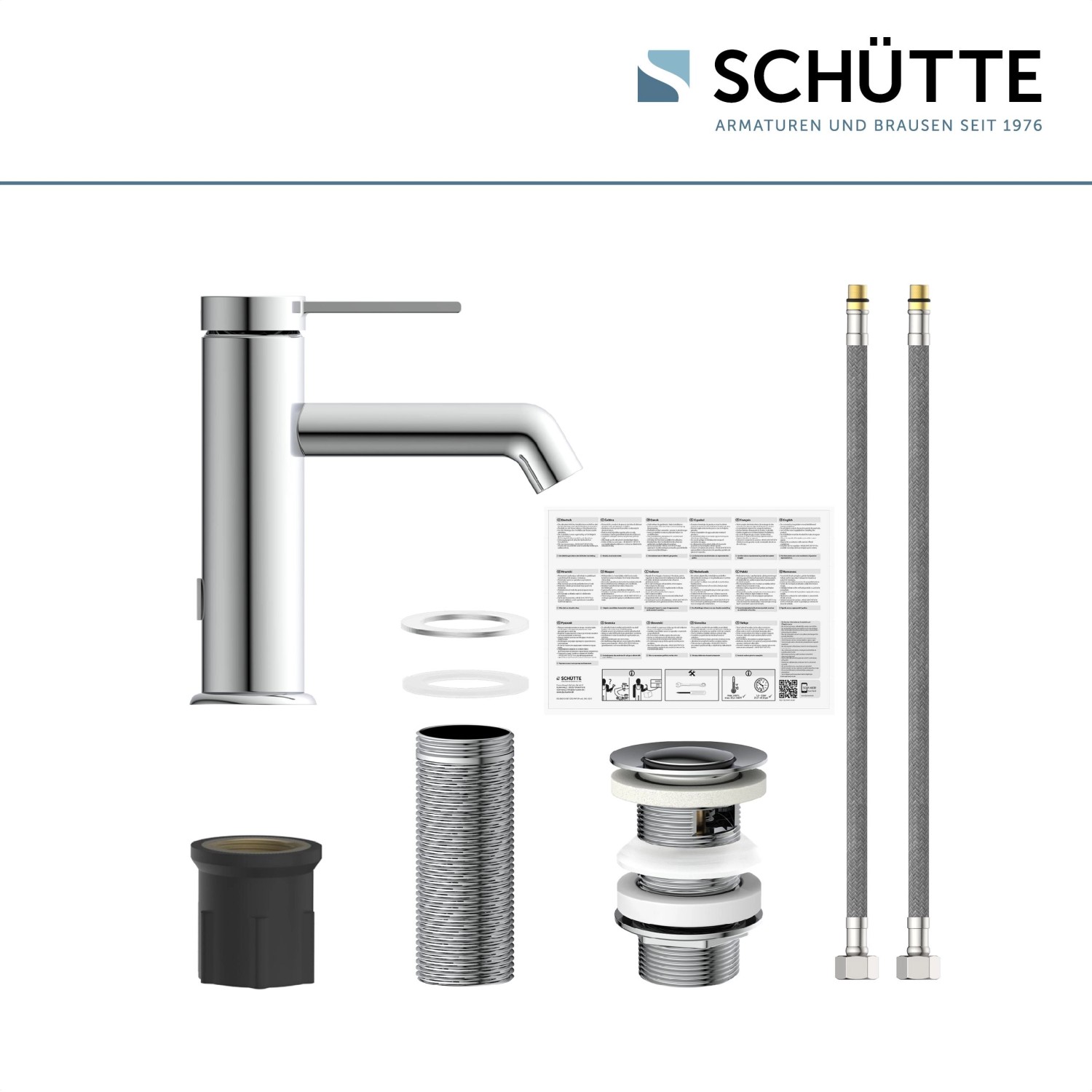 Schütte Waschtischarmatur Los Angeles Chrom mit Zubehör und Anschlussschläuchen.