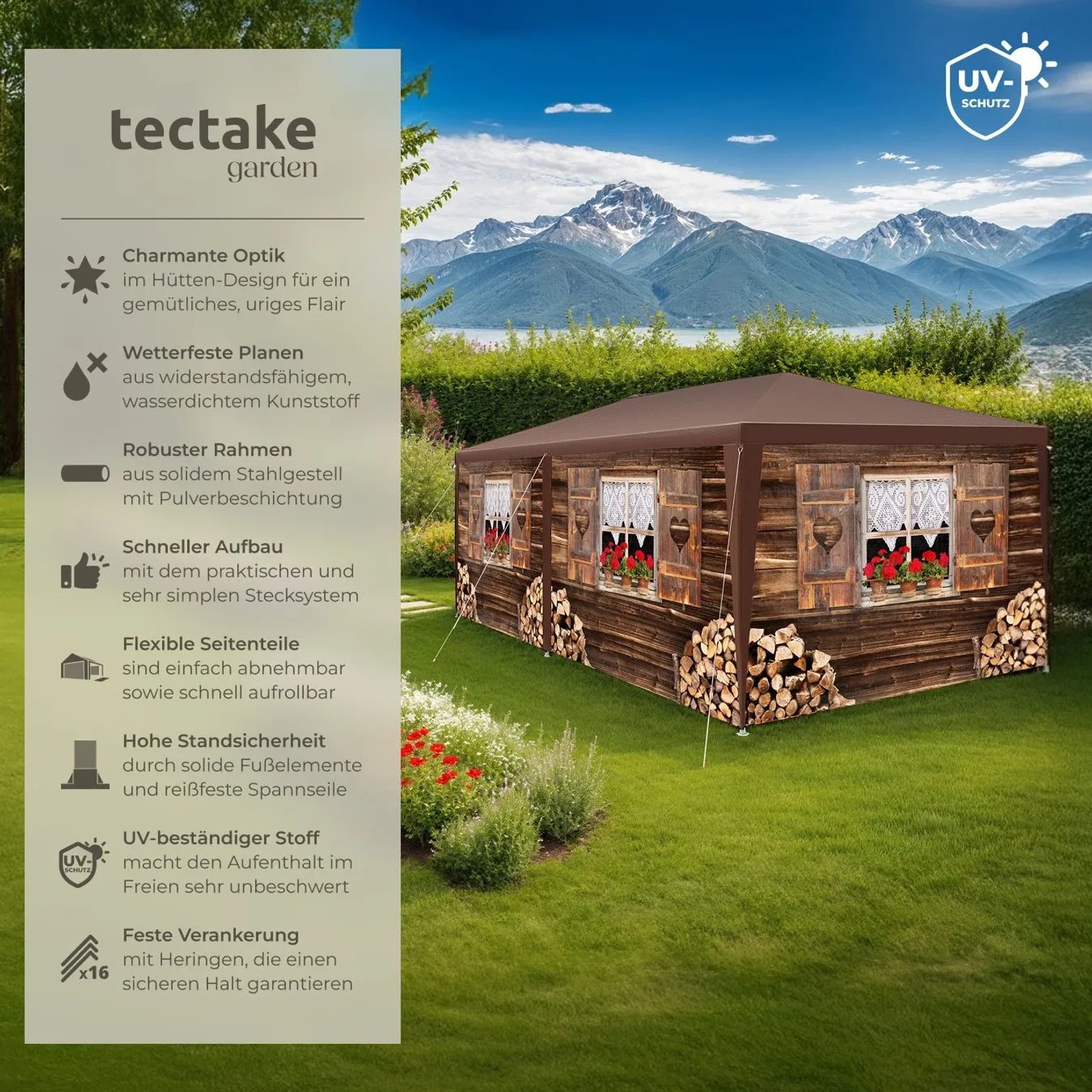 Tectake Pavillon Almchalet In 2 Größen Im Steckystem Abnehmbare Seitenteile 600 x 300 x 250 cm Braun_2