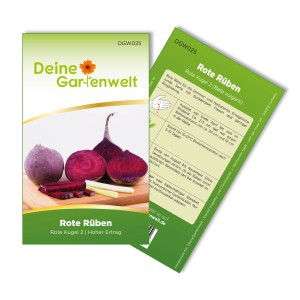 Samentüte 'Deine Gartenwelt Rote Beete Rote Kugel' mit Beetem auf Holzbrett.