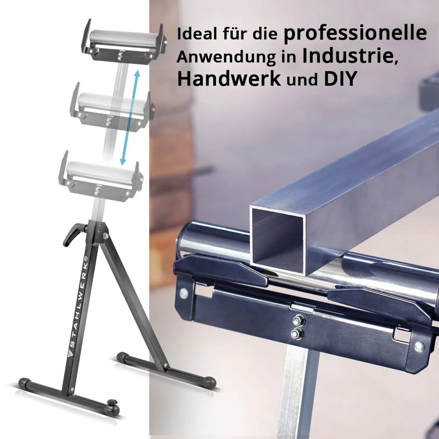STAHLWERK Rollenbock 2er Set, höhenverstellbarer Arbeitsbock mit Metallrolle für Werkstücke. 60 kg Tragkraft.