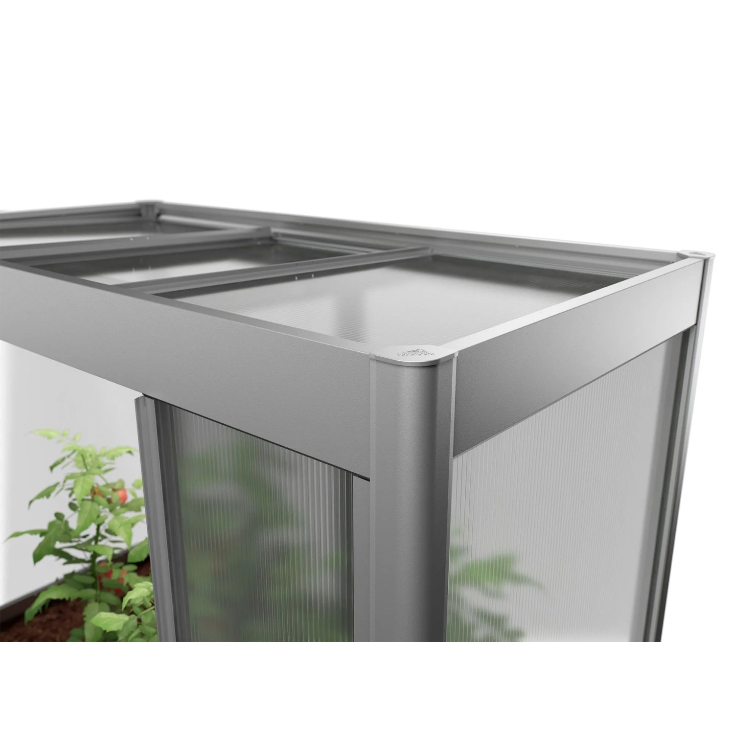 Detailaufnahme: Biohort Florentina Gewächshausaufsatz in Quarzgrau-Metallic für Hochbeet. Zubehör für optimales Pflanzenwachstum.