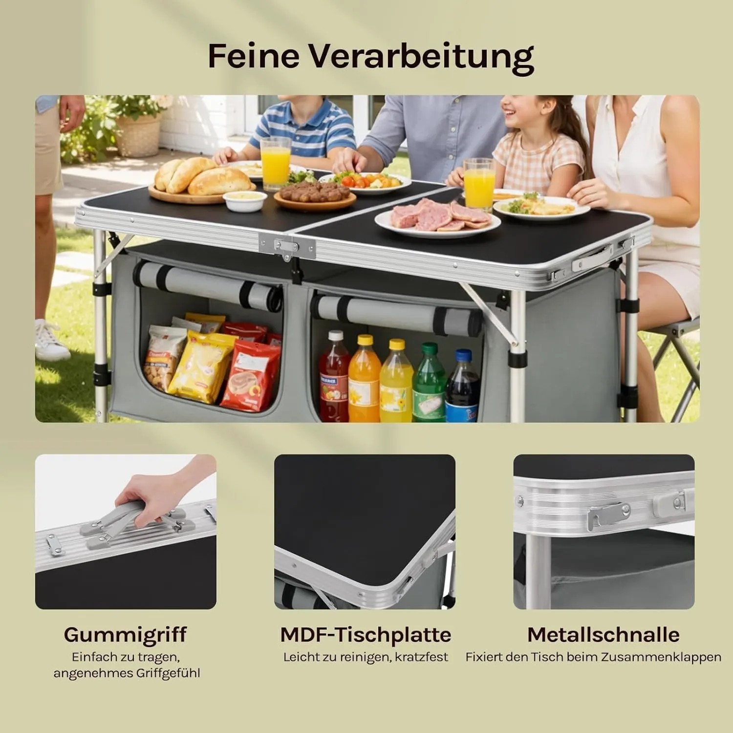WOLTU Campingtisch mit Stauraum, höhenverstellbar, schwarz-grau, mit Familie beim Essen.