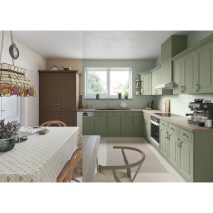 Küche mit Möbeln, gestrichen mit Alpina Möbel-Lack Bad & Küche Olive Seidenmatt.