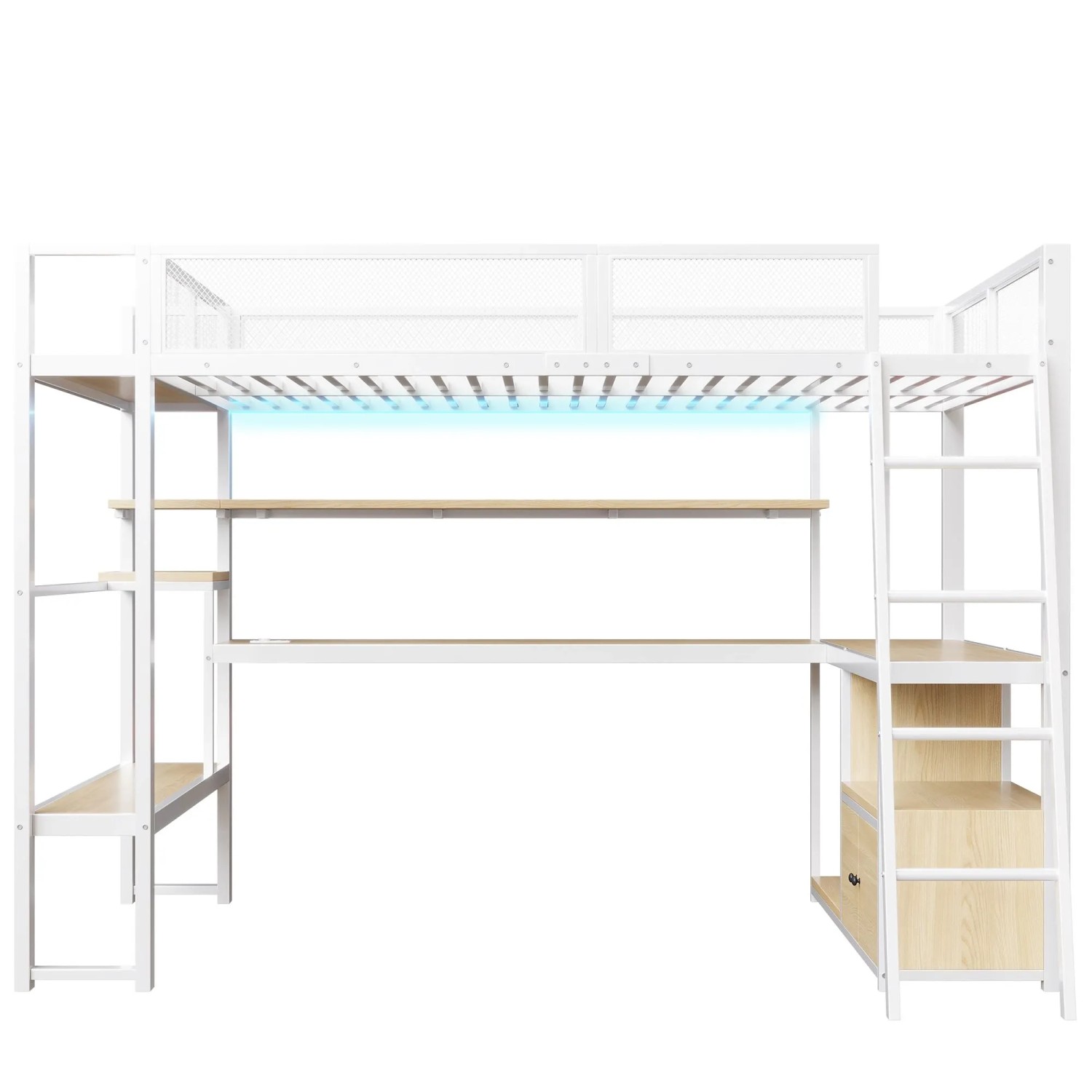 okwish Metall Hochbett 140x200cm mit Arbeitsplatz LED und Stauraum Weiß ohne Matratze