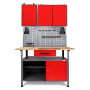 Ondis24 Werkbank Set Klaus 120 cm mit Schränken, Lochwand und LED in Rot für die Werkstatt.