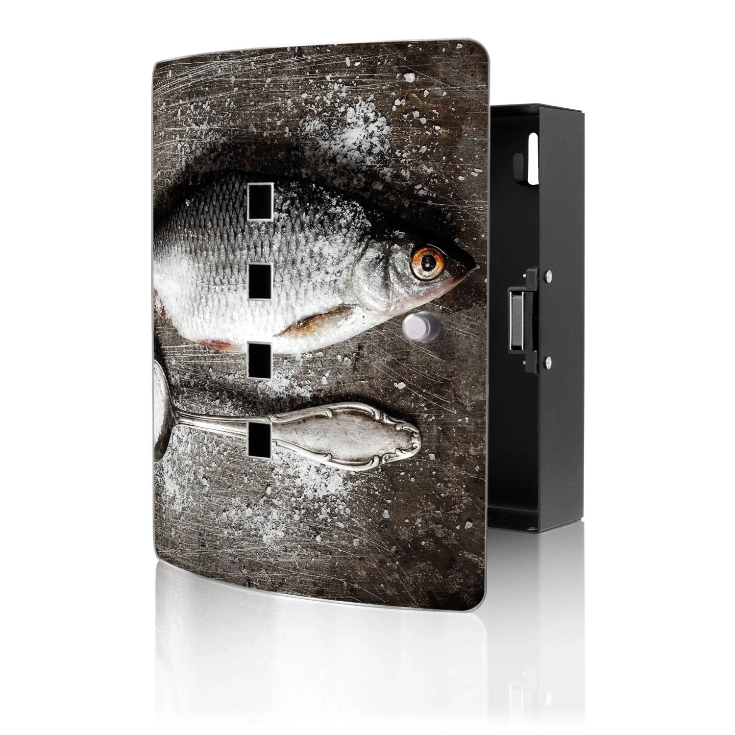 Banjado Design Schlüsselkasten Aus Edelstahl Für 10 Schlüssel 24x21,5x7cm Mit Magnetverschluss Motiv Fisch Und Salz