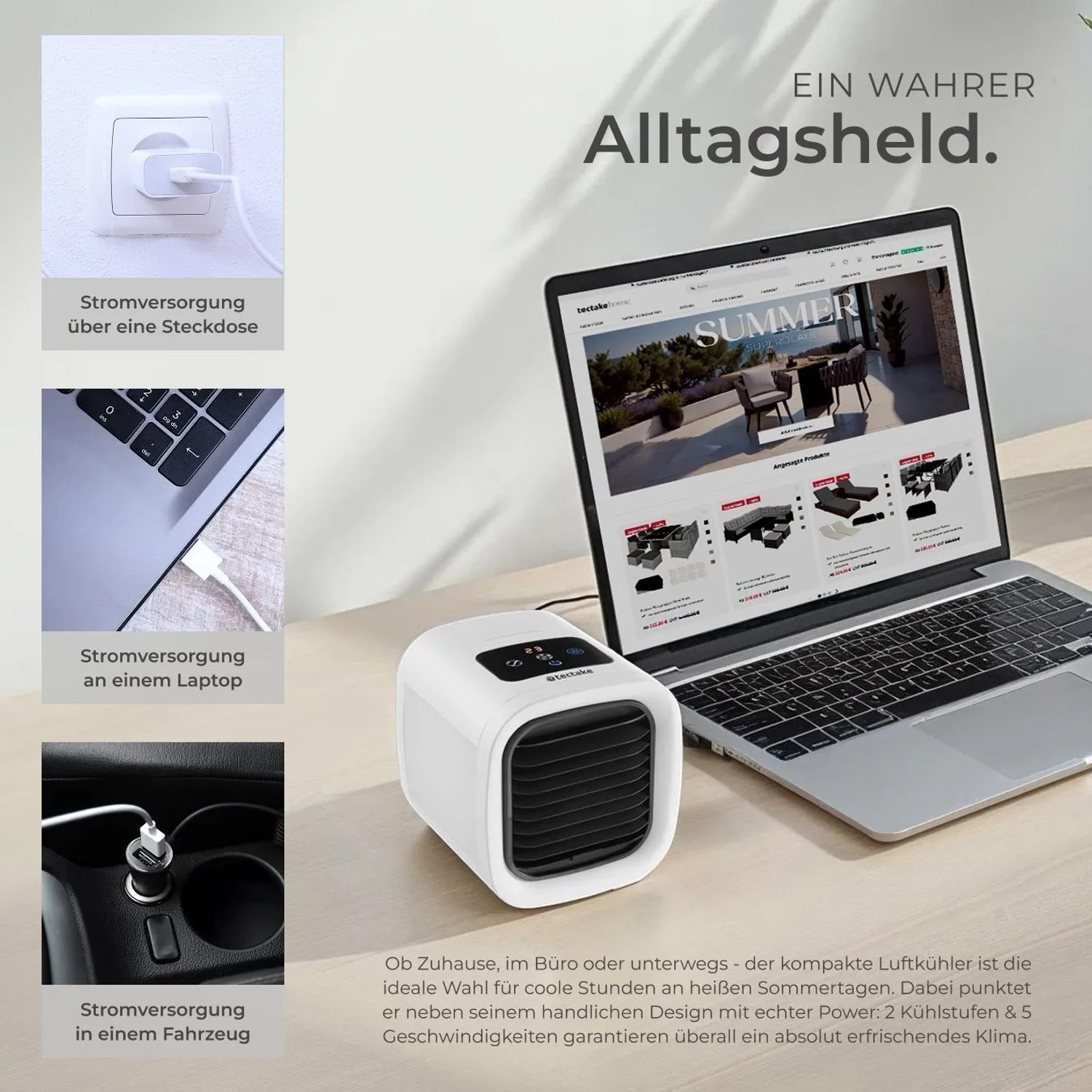 Weißer Tectake 3in1 Luftkühler Frosty mit Laptop und verschiedenen Stromquellen.