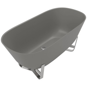 Freistehende, graue Villeroy & Boch Badewanne Antheus (155x75 cm) aus Quaryl mit Edelstahlgestell.