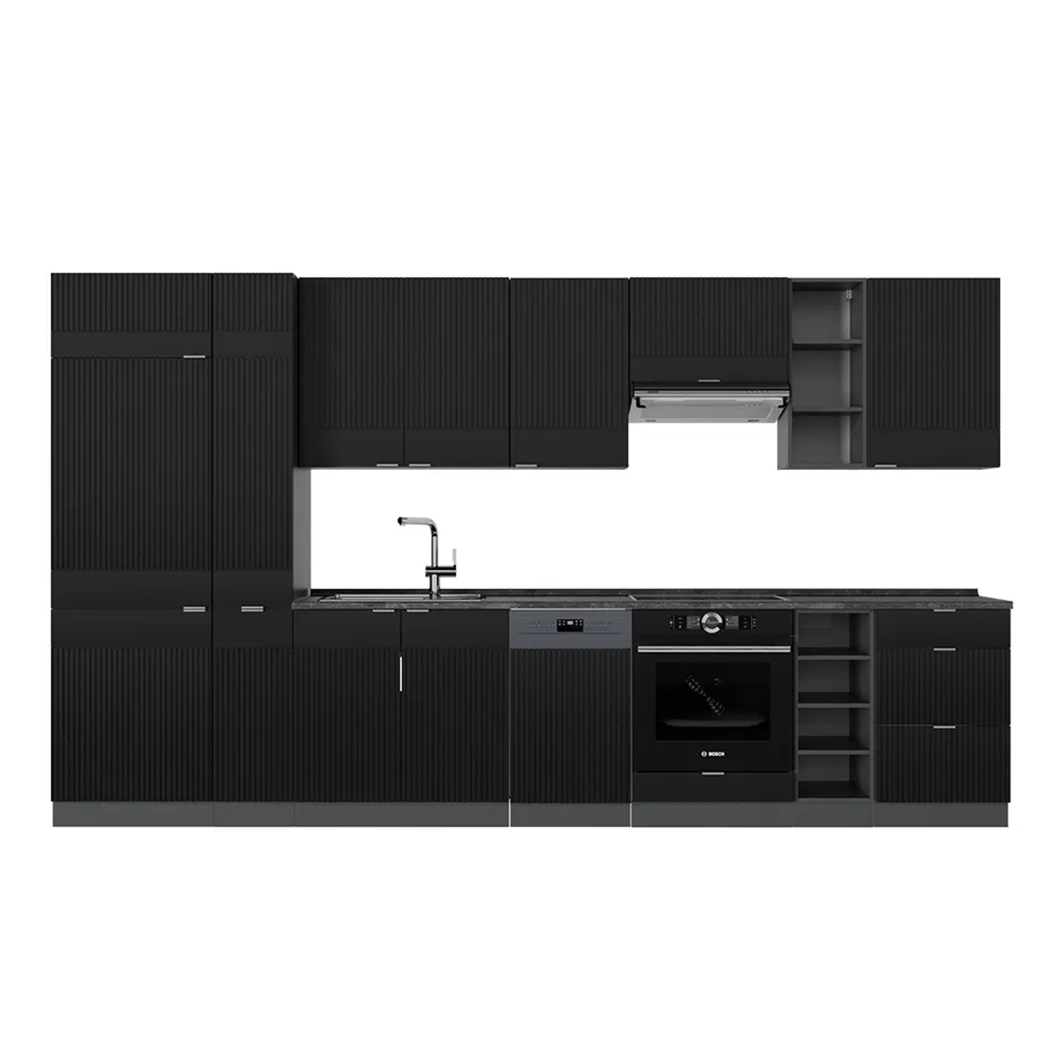 Vicco Fame-Line Küchenzeile Schwarz gestreift/Anthrazit 355 cm AP Anthrazit ohne E-Geräte