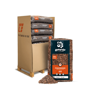 Galamio Pinienrinde Fein, 1/3 Palette mit 13 Säcken à 60l, zur Bodenabdeckung und Unkrauthemmung im Garten.