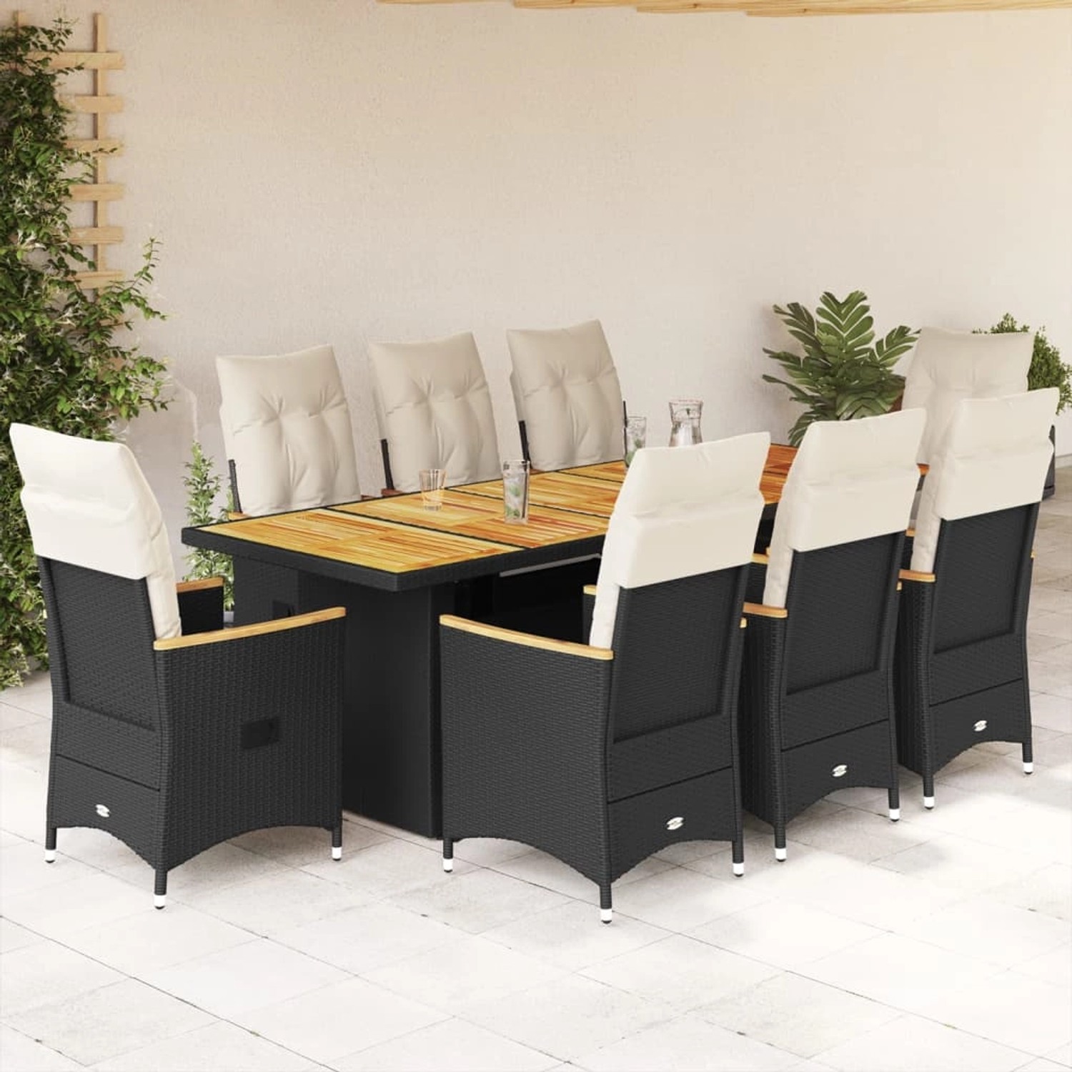 vidaXL Garten-Bistro-Set, 9-teilig, schwarz, Poly Rattan mit Tisch und Sesseln mit Kissen.