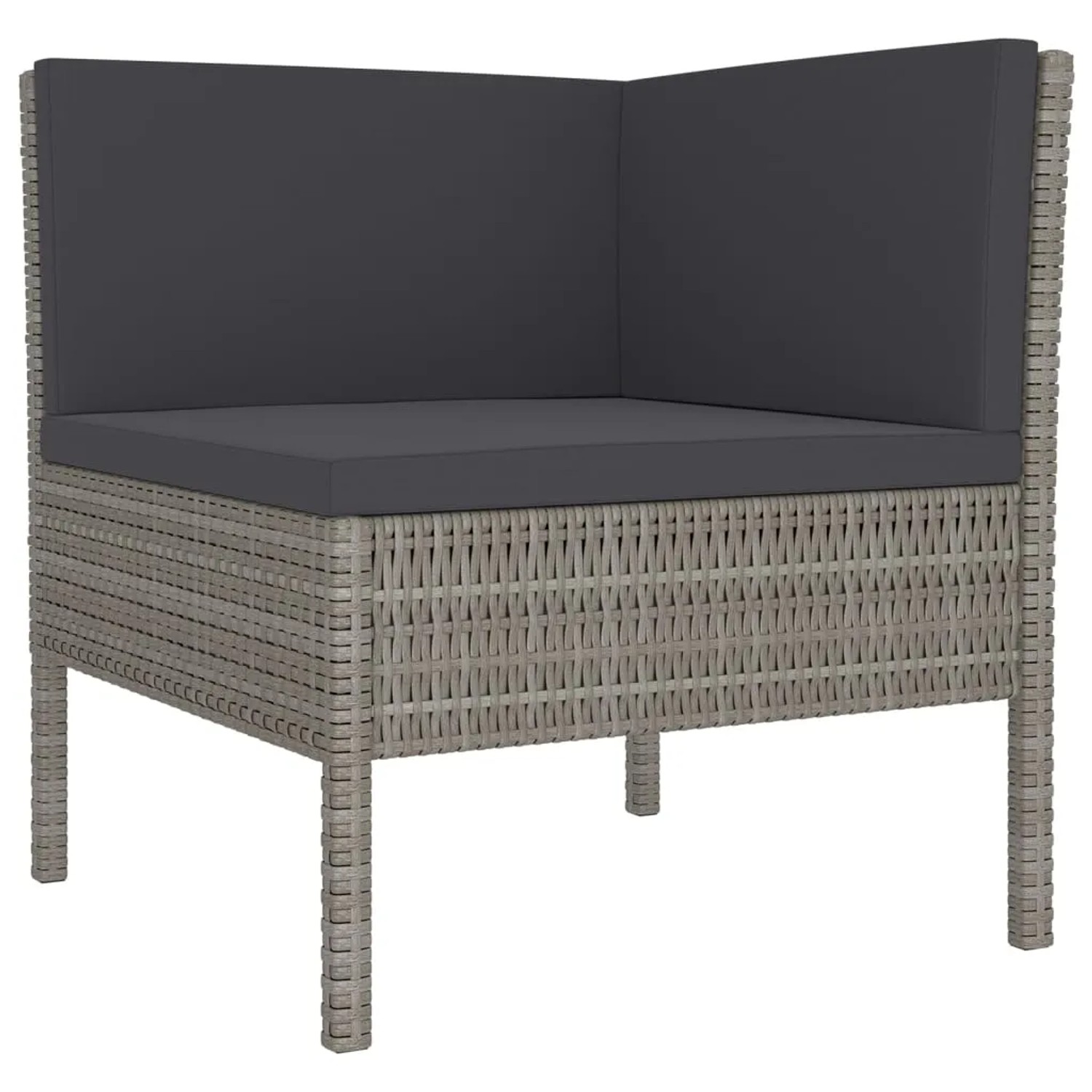 Graues vidaXL Garten-Lounge-Eckteil aus Rattan mit anthrazitfarbenen Auflagen.
