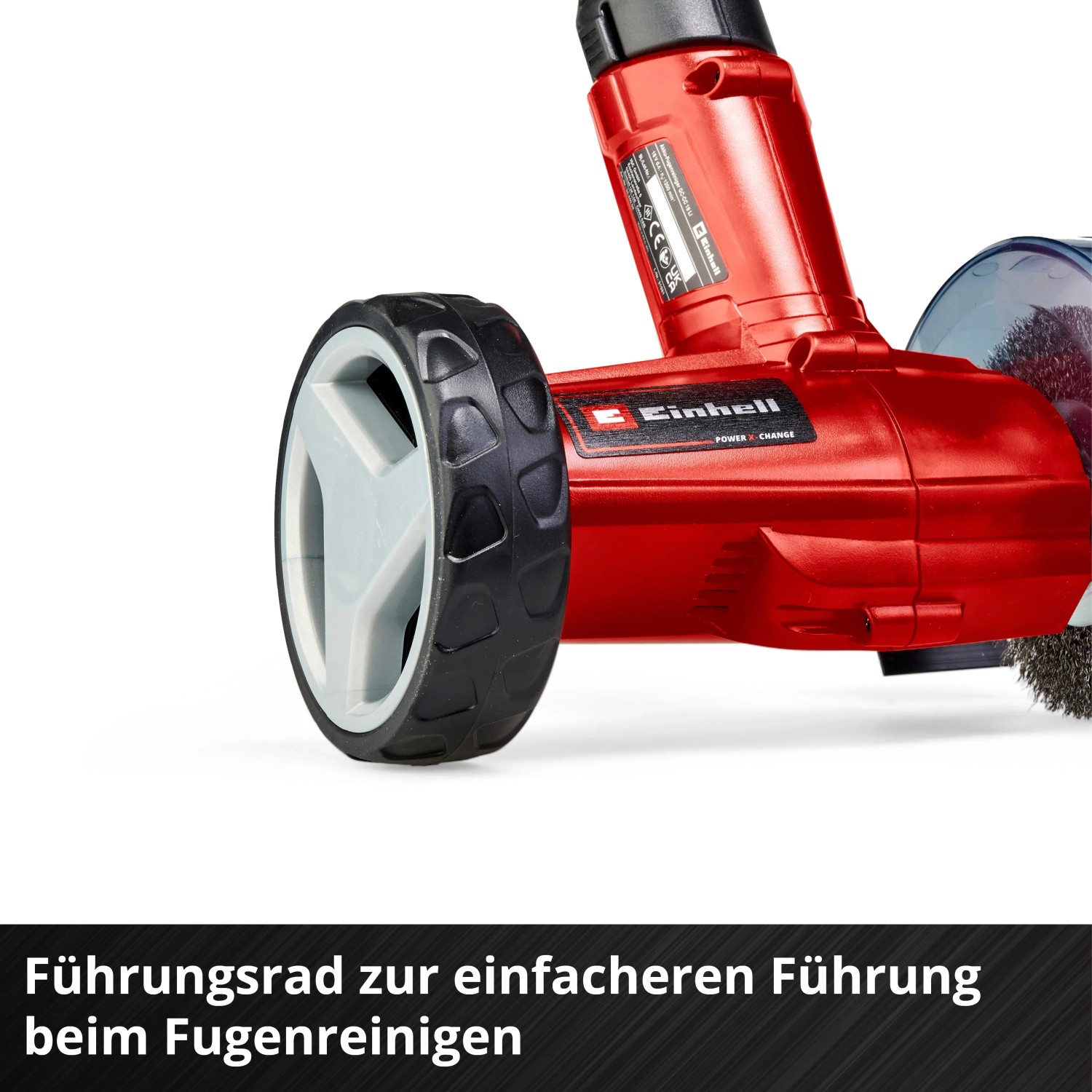 Einhell Akku-Fugenreiniger GC-CC 18 Li Solo mit Führungsrad für präzises Reinigen von Fugen.
