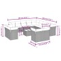 Graue 14-tlg. vidaXL Garten-Sofagarnitur aus Polyrattan mit Kissen und Tisch, Maße eingezeichnet.