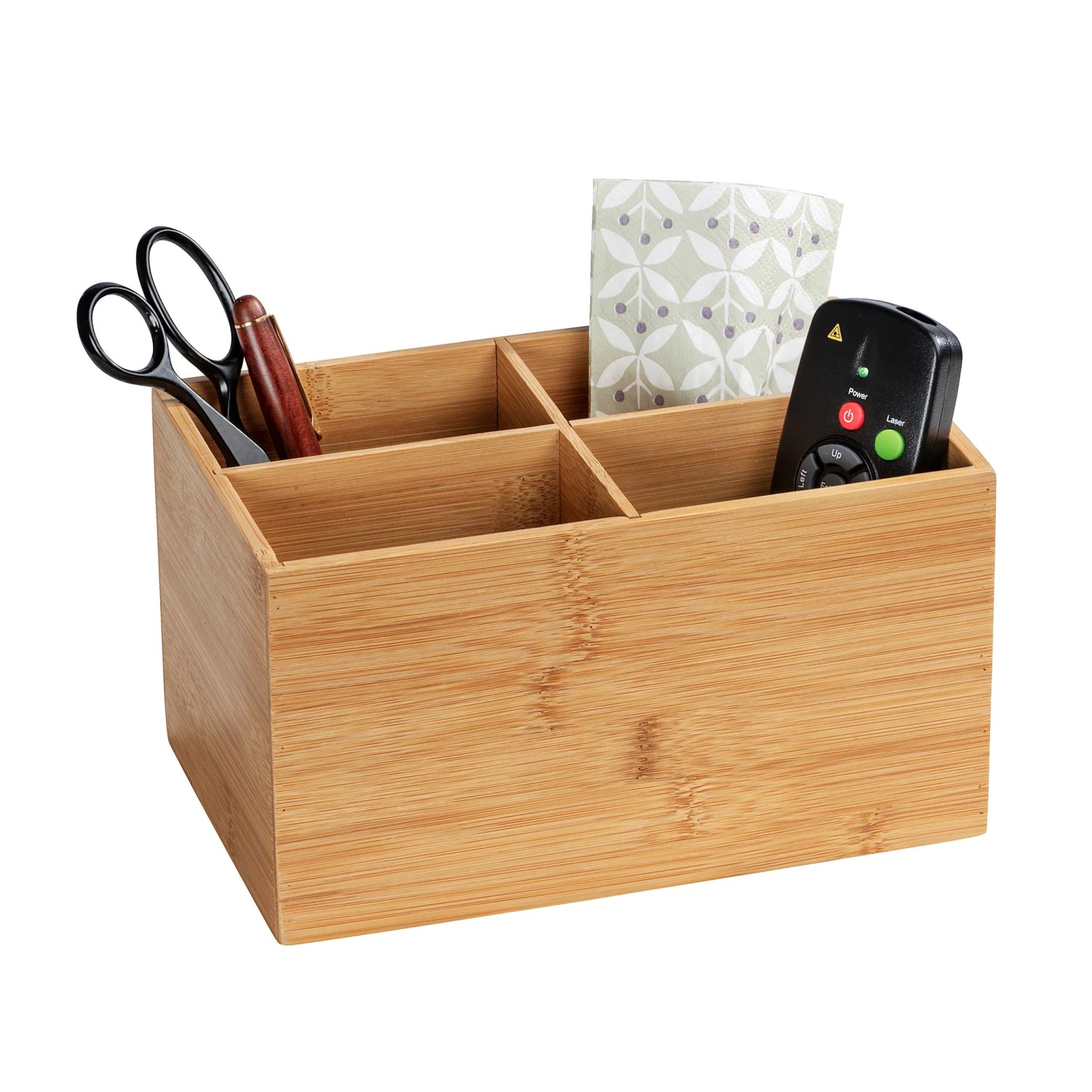 Wenko Bambus Box Terra mit 4 Fächern, braune Aufbewahrungsbox aus Bambus für Bad und Büro.