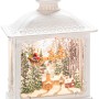 Weiße LED-Laterne mit fliegendem Weihnachtsmann über einem Dorf, nostalgische Weihnachtsdekoration für Innen.