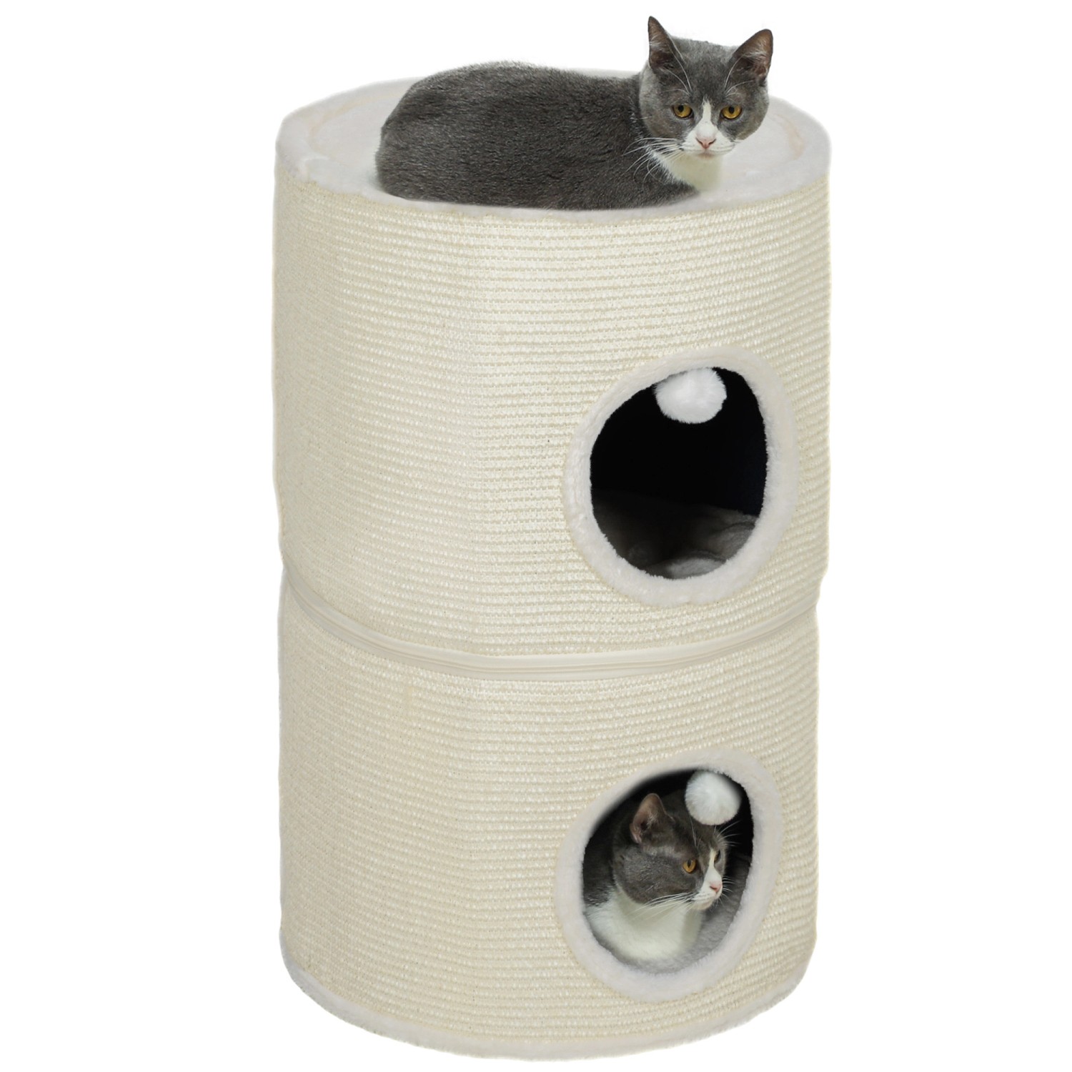 PawHut Kratztonne Katzenturm Polyester Plüsch Cremeweiß Ø42 x 69H cm