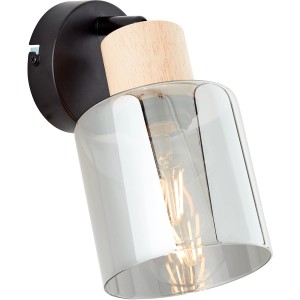 Moderne Wandlampe Weald von Brilliant mit Holz und Rauchglas in Schwarz.