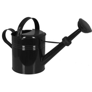 Anthrazitfarbene, lackierte Metall Gießkanne mit 5 Liter Fassungsvermögen.