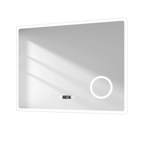 Emke Badspiegel 90x70 cm mit LED, 3-fach Vergrößerung, Uhr und Beschlagfrei-Funktion.