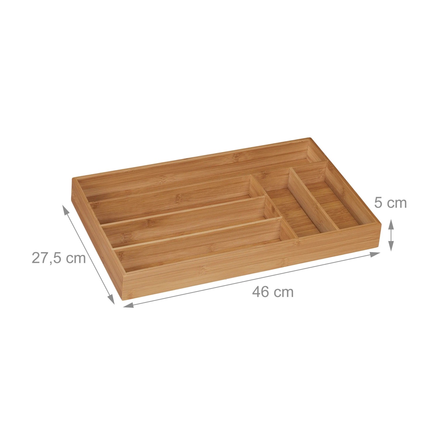 Besteckkasten aus hellem Bambus mit 6 Fächern für Schubladen. Maße: 5x27,5x46 cm. Ideal zur Küchenorganisation.