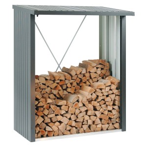 Biohort WoodStock 150 Kaminholzregal in Dunkelgrau-Metallic, gefüllt mit Holz.