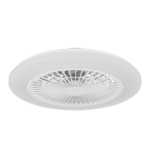 Weißer, runder Eglo LED-Deckenventilator Windley mit integriertem Licht und Gitter. Modernes Design für Wohnräume.