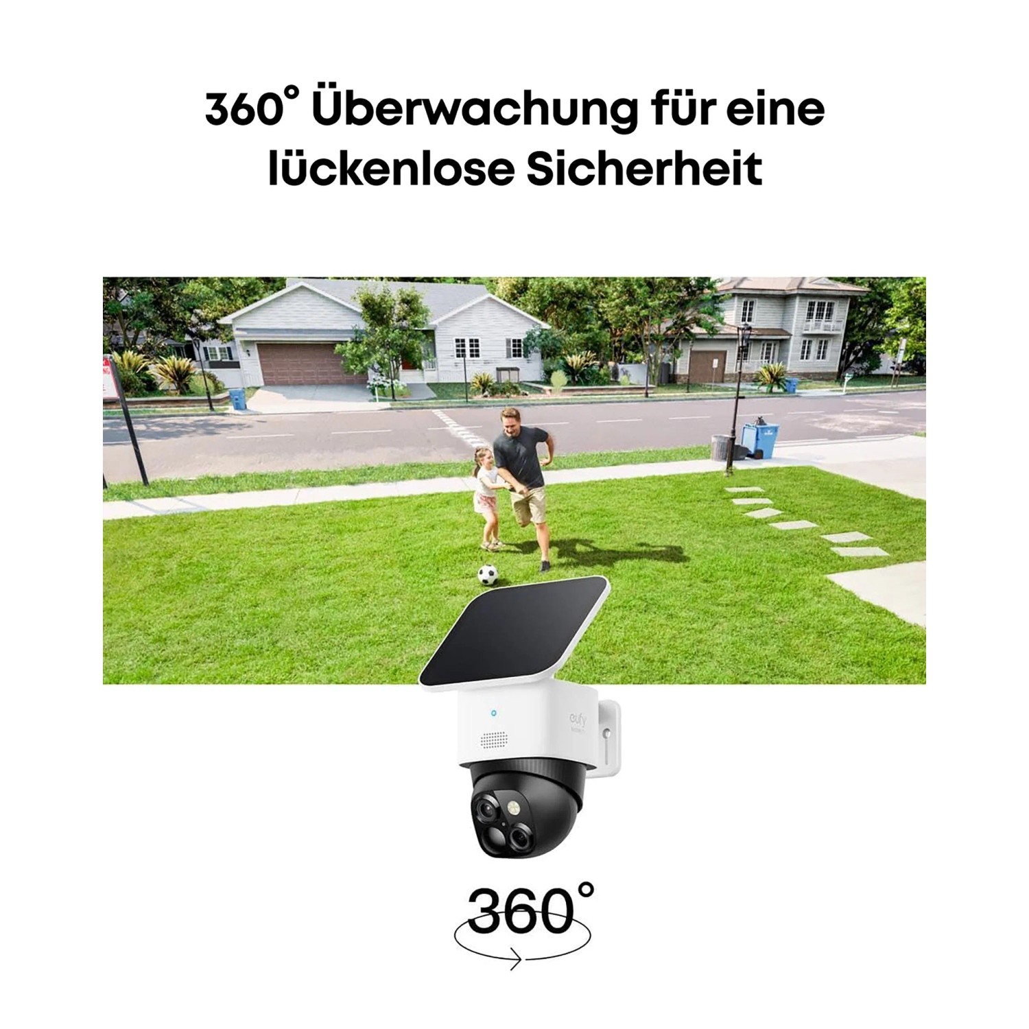 Eufy S340 Solar-Überwachungskamera mit 360° Ansicht von spielenden Personen im Garten.