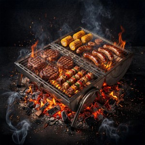 Silberner Edelstahl Tischgrill mit zwei Grillflächen, auf denen Steaks, Würstchen, Mais und Spieße über glühenden Kohlen brutzeln.
