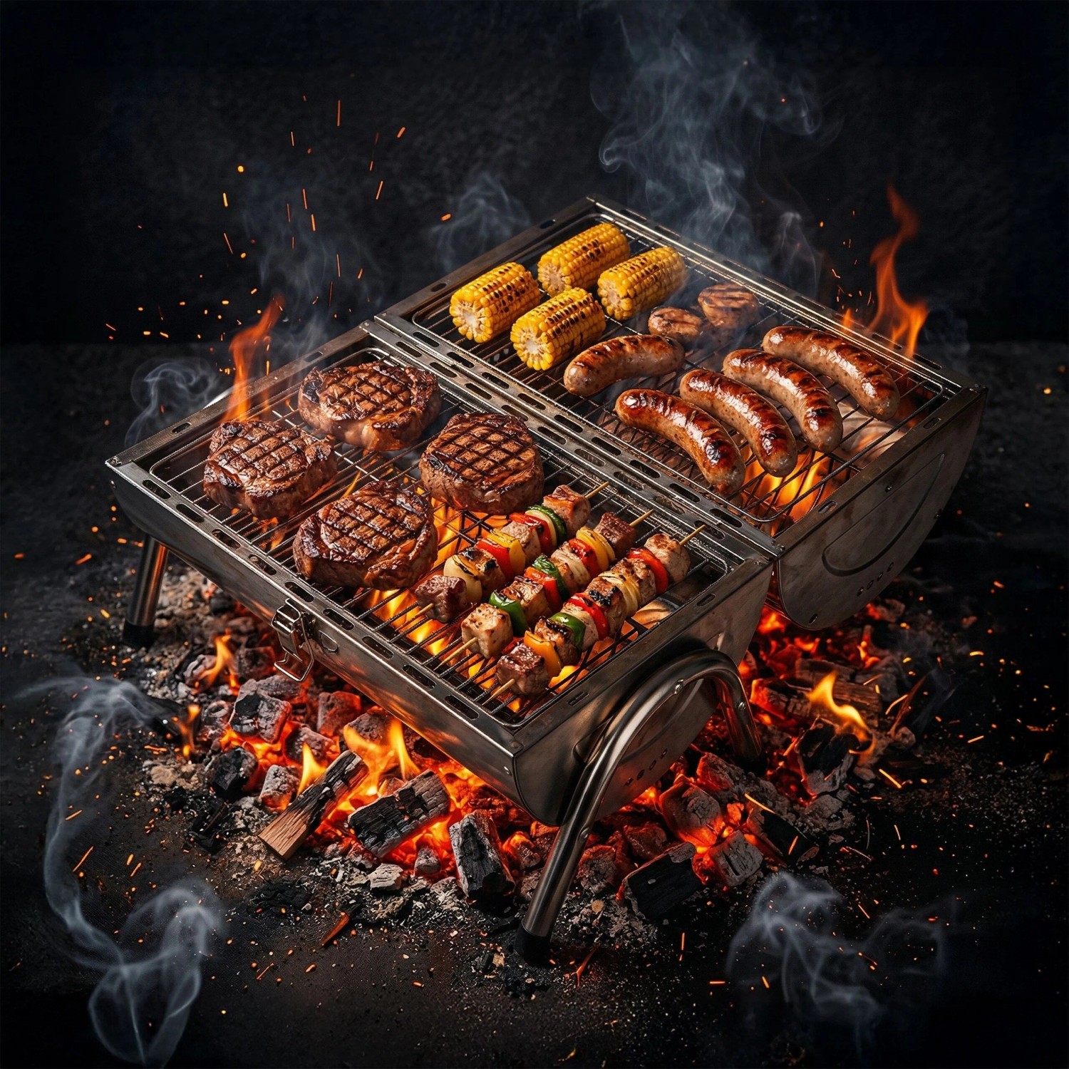 Silberner Edelstahl Tischgrill mit zwei Grillflächen, auf denen Steaks, Würstchen, Mais und Spieße über glühenden Kohlen brutzeln.