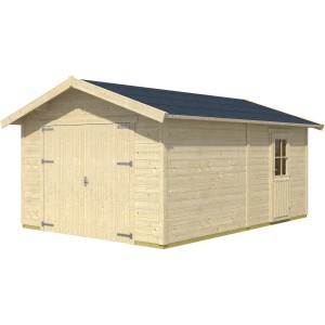 Skan Holz Garage Varberg aus Fichte mit Doppeltor und Einzeltür, naturbelassen.