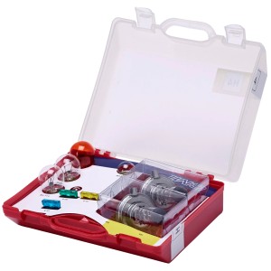 Ersatzlampenbox 12V H4, 10-teilig, mit Glühbirnen und Sicherungen in roter Box mit transparentem Deckel.
