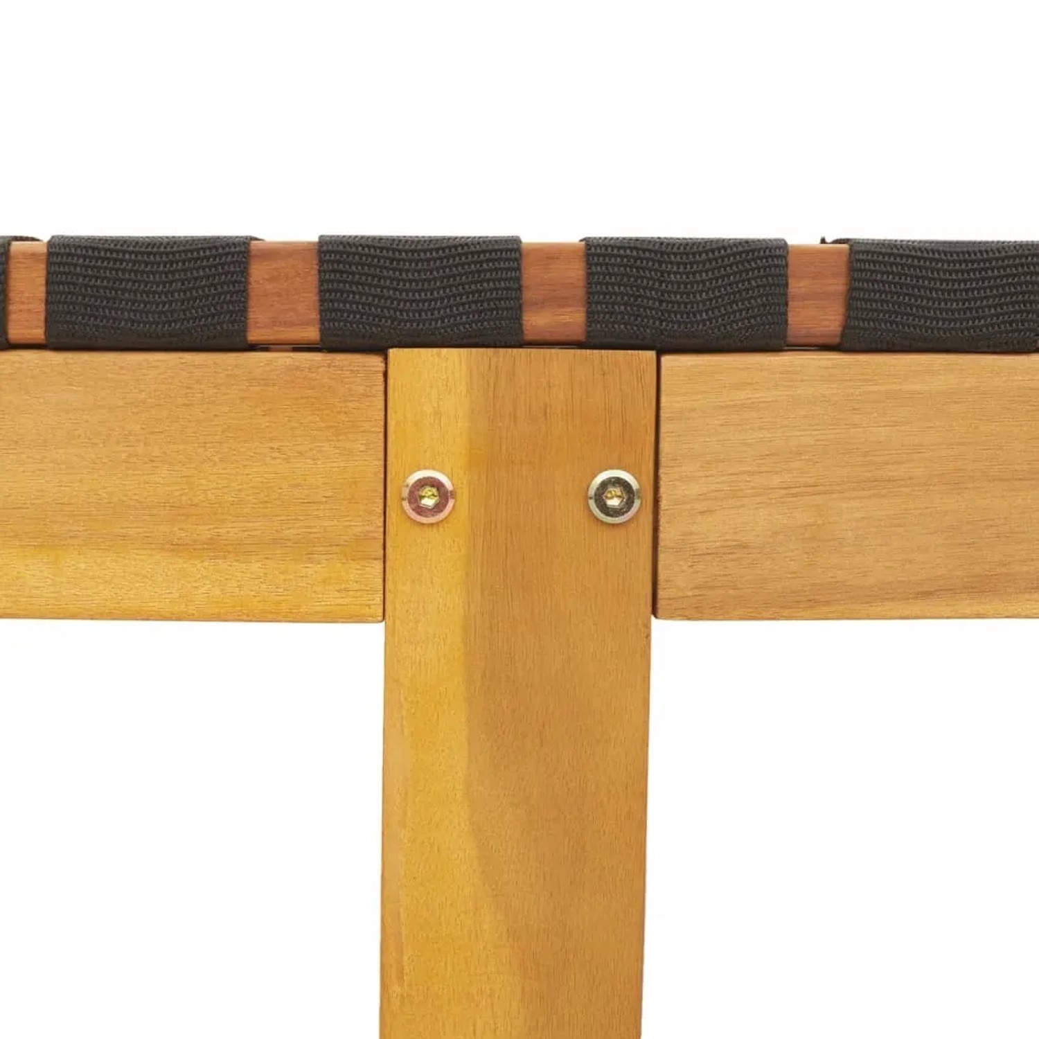 Detailansicht: Akazienholz-Rahmen und Stoffbespannung der schwarzen vidaXL Sonnenliege.