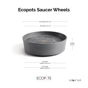 Ecopots Untersetzer Amsterdam Rollen Grau, 28,7 cm, mit integrierten Rädern zum einfachen Bewegen von Blumentöpfen.