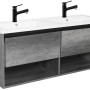 Sanotechnik Doppelwaschtisch 120 cm Eiche Schwarz mit Softclose und zwei schwarzen Armaturen.