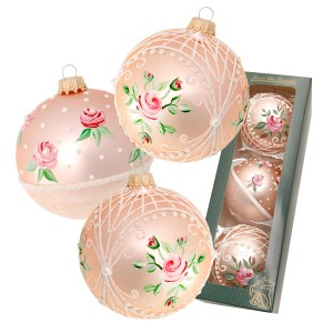 Krebs Glas Lauscha Weihnachtskugeln Rosen, 3er Set, 8cm, rosa mit Rosenmuster.