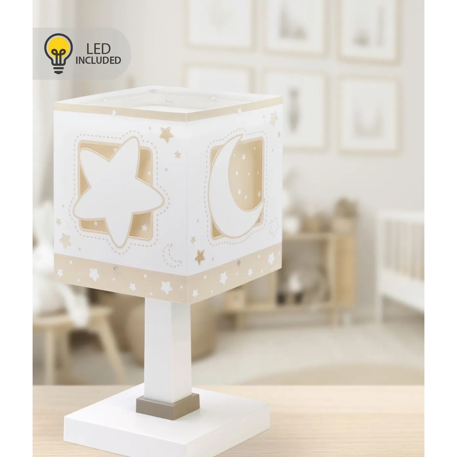 Beige Dalber Nachttischlampe mit LED Nachtlicht, Luna und Sterne Design für Kinderzimmer.