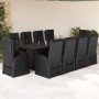 Schwarze 11-tlg. vidaXL Garten-Essgruppe aus Poly Rattan mit Tisch und Sesseln mit Kissen.