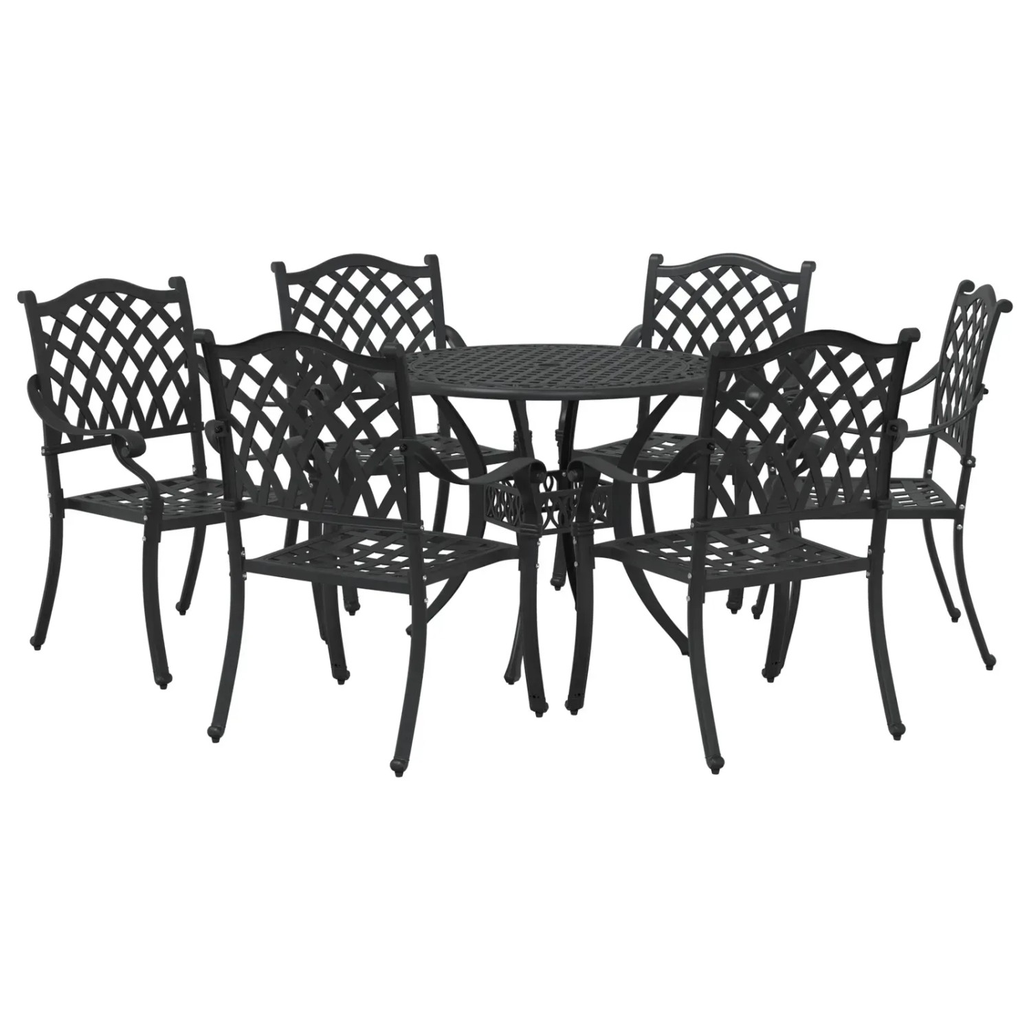 vidaXL 7-tlg. Garten-Essgruppe, schwarz, Aluminiumguss. Gartentisch mit 6 Stühlen im Set.