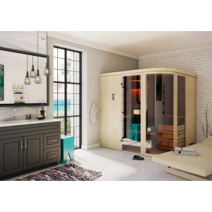 Finntherm Sauna Verve Natur, 244x194 cm, 40 mm Wandstärke, mit bronzierter Glastür in Badezimmer.