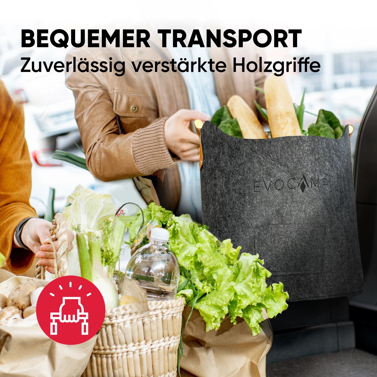 Evocamp Kaminholzkorb aus Filz, dunkelgrau, mit Holzgriffen. Vielseitig einsetzbar.