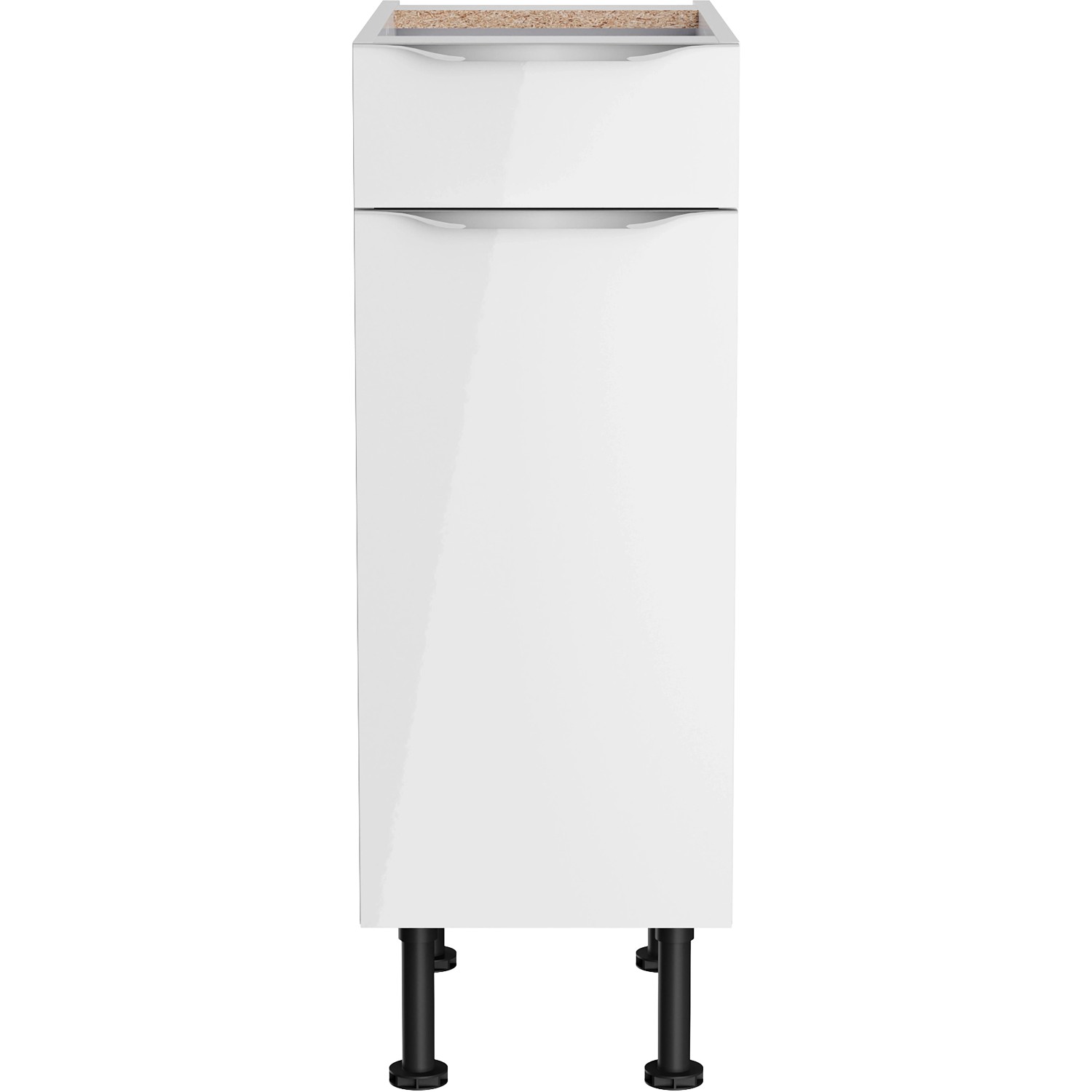 Weißer Optifit Unterschrank Arvid986 (30cm) mit Schublade, Tür und Edelstahlgriff für die Küche.