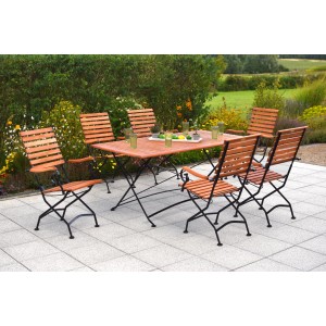 Merxx Schlossgarten 7-tlg. Gartenmöbel-Set mit Klapptisch und 6 Klappsesseln aus Eukalyptusholz und Stahl.